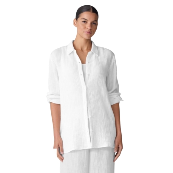 NEW Eileen Fisher White Collar Shirt Organic Cotton Lofty Gauze Classic XXL 2XL - Picture 10 of 11